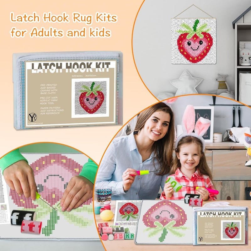 YP Strawberry Smiley Face Latch Hook Kit for DIY Craft Lovers - 12x12 Inch Crochet Rug Making Set, Fun & Creative Home Decor Needlework Project for Beginners - Image 5